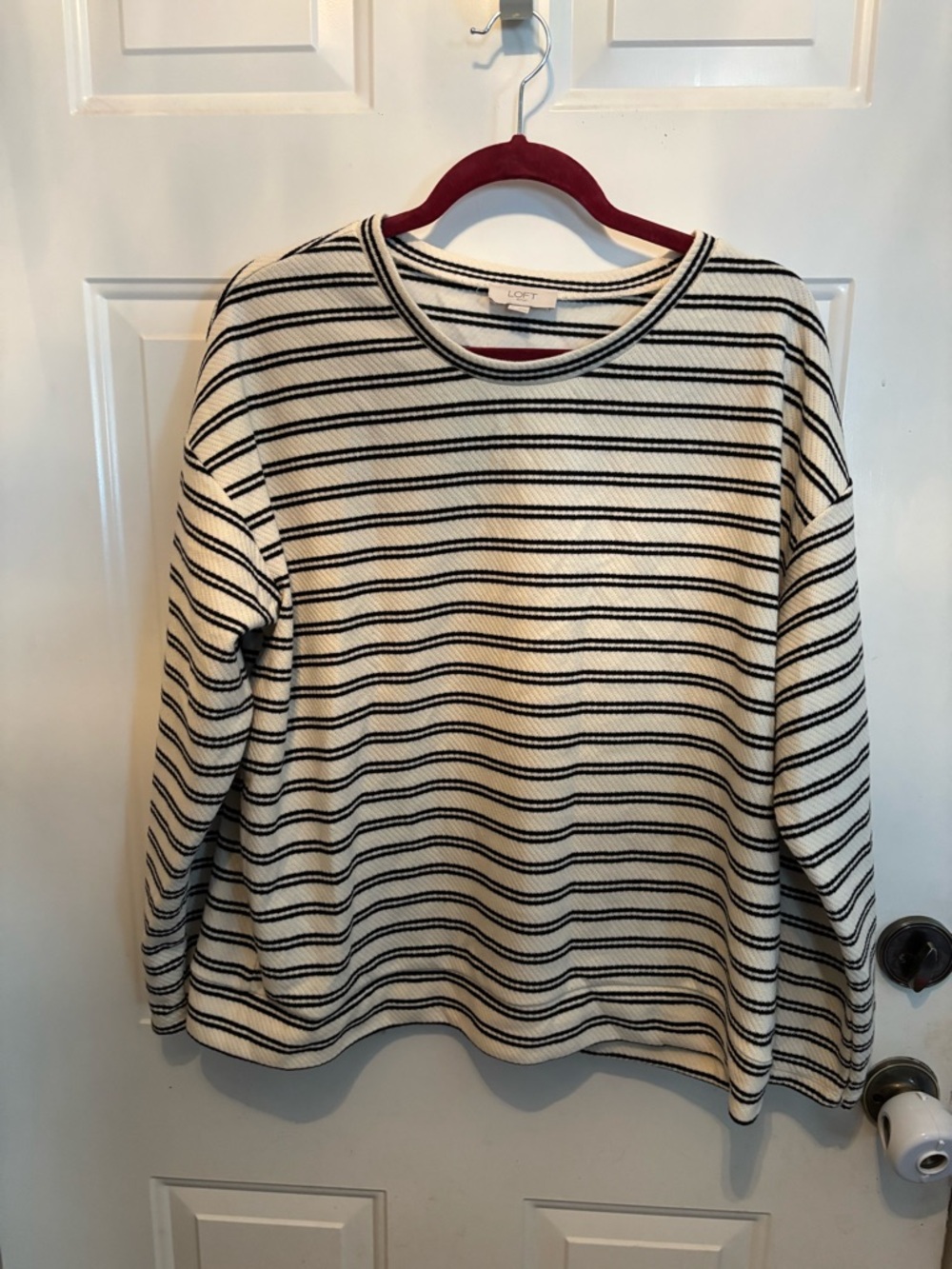 LOFT Cream and Black Striped Crewneck Top